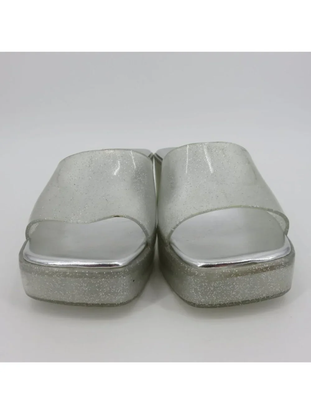 Play Women 7 US Silver Glitter Chunky Heel Platform Slide Shoes Sandals Costume